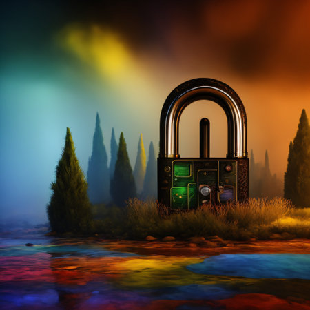 Cybersecurity  with high-tech padlock protecting a laptop computer in HD 3D and electronic online information symbols/graphics.の素材