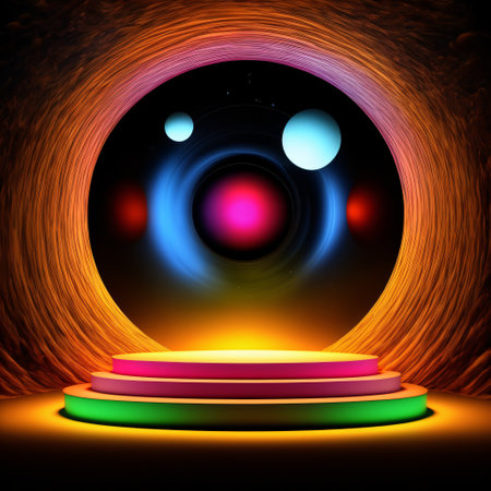 Stage podium scene for Award celebration on black background with lighting, generative ai.の素材