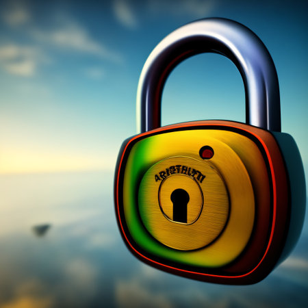 Cybersecurity  with high-tech padlock protecting a laptop computer in HD 3D and electronic online information symbols/graphics.の素材