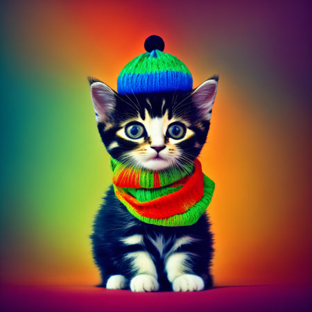 Cute kitten wearing a scarf and warm hat. Generative Aiの素材
