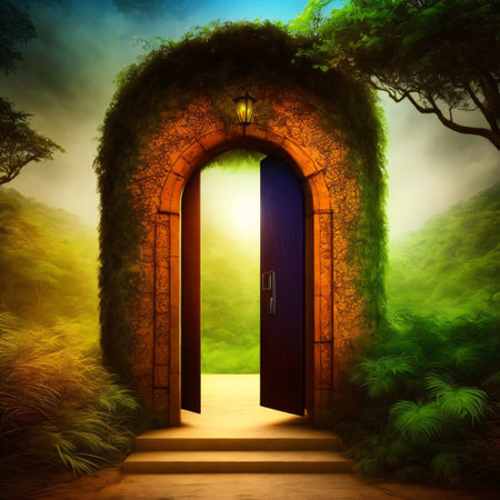 Enchanting portal hidden in lush tropical forest, beckoning to adventureの素材