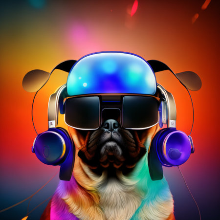 Fairy Kei style pug dog wearing a VR headset and experiencing virtual reality simulation, metaverse and cyberspace.の素材
