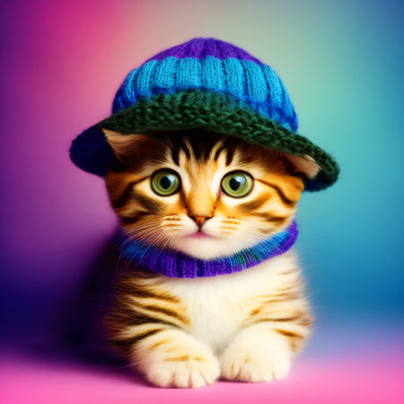 Cute kitten wearing a scarf and warm hat. Generative Aiの素材