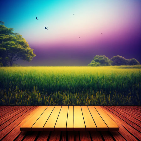 Empty wooden table with party in garden background blurred Generative AIの素材