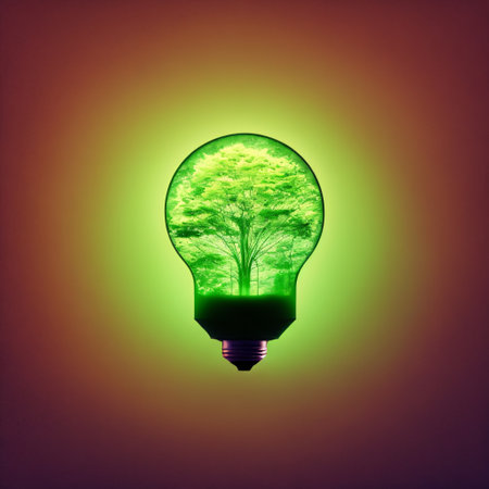 Paper cut of eco friendly light bulb with green leaves, Renewable and sustainable energy concept. Generative AIの素材