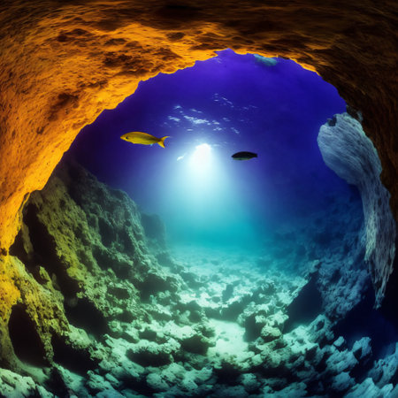 A large mass of ocean water covered the ruined temple. 3D renderingの素材