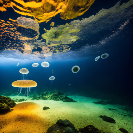 Jellyfish floating in the sea. Beautiful blue ocean life with sparkle and glitter.の素材