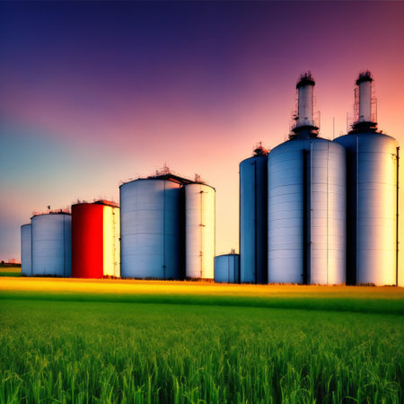 grain silos in the field in the green field with evening sunsetの素材