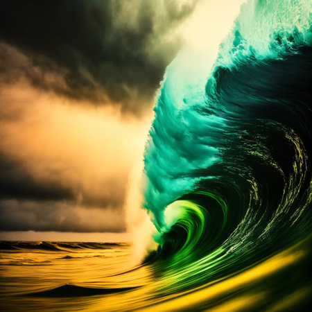 Giant tsunami waves, dark stormy sky. Perfect Storm. Huge waves Tsunami Big waves.の素材