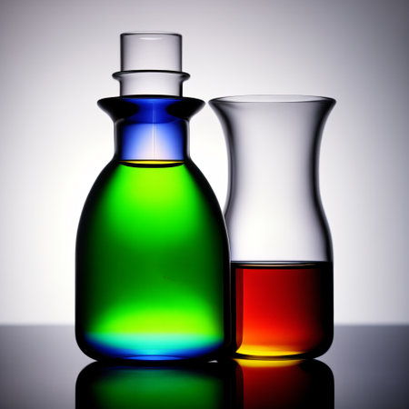 laboratory glassware in laboratory, blue red glass flask vial and chemical structure in research medical science technology backgroundの素材