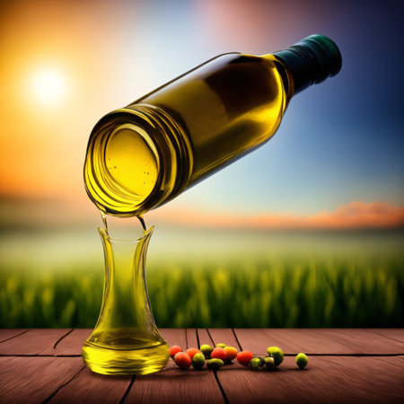 golden olive oil bottle on wooden table olive field in morning sunshine with copyspace areaの素材