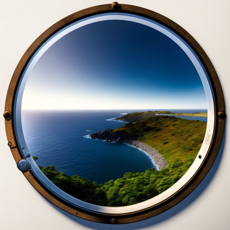 Porthole with ocean view. View of the silent sea surface through a rusty porthole of the ship. Old ship cabin window. Generative AI.の素材