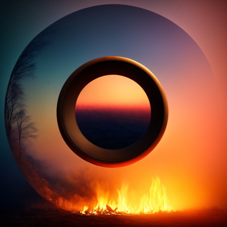 Stylized circle ring burning with fire on black background, abstract art. Fire overlay. Bright color.の素材