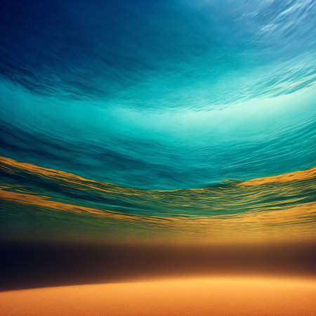 underwater background deep blue sea and beautiful light rays with sandy floor Generative AIの素材