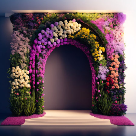 Natural  podium backdrop with dreamy flower field. Generative AIの素材