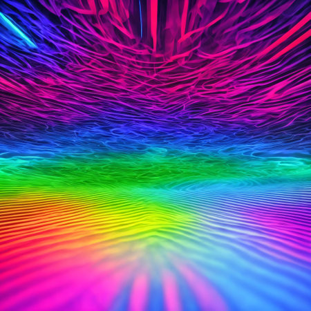 Abstract background, pink blue neon light, glowing dynamic wavy lines on the floor, ultraviolet spectrum. Generative AIの素材