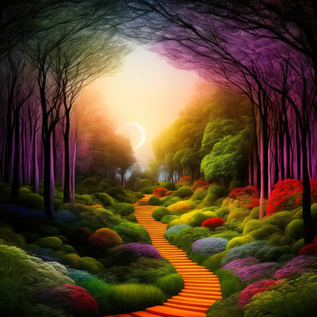 Fantasy fairy tale background with forest and blooming path. Fabulous fairytale outdoor garden and moonlight background.の素材