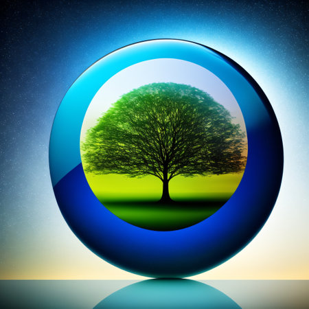 Technology and environmental sustainability concept. A tree is growing in the glass ball surrounding with digital technology. Environmental sustainability and technology development. generativeの素材