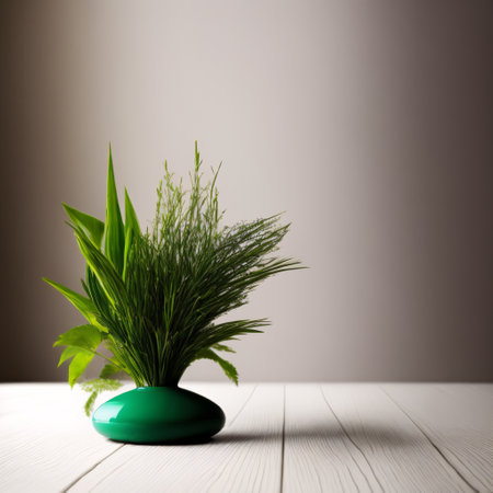 Green Plant Leave In a Ceramic Vase on White Table. Generative AIの素材