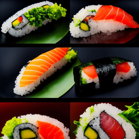 Mouthwatering Photography of Sushi on Sleek Black Background. Ai generated artの素材