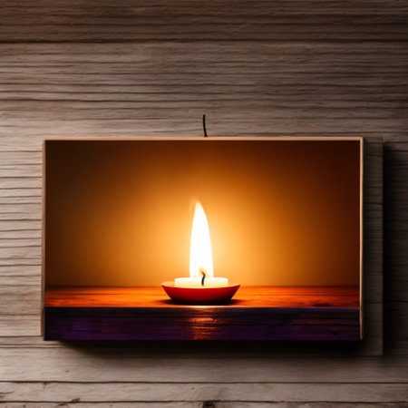 Wooden table with golden candle template blurred background.の素材