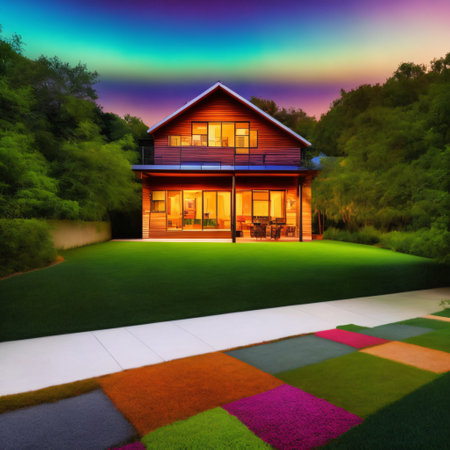 A contemporary home with a lawn and a patio is seen in the evening. Generative AIの素材