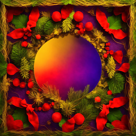 Red Christmas bow with golden border. Fir branches, berries and leaves. PNG file on a transparent background...の素材