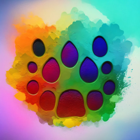 Rainbow pet paw print on a multicolored watercolor backgroundの素材