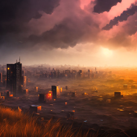 Cute Anime wocyborg looking at the cityscape by night time. A sad, moody. cyborgga, lofi style. 3d renderingの素材