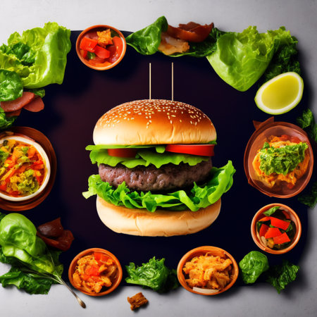 Appetizing meat burger with lettuce onion tomato on cutout PNG transparent background. Generative AIの素材