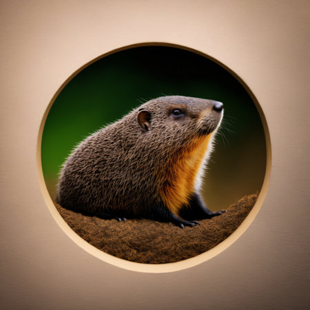 Groundhog Day, a groundhog crawled out from under the snow in sunny weatherの素材