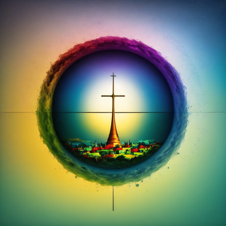 Finding God in paradise, symbol of Christianity. Concept generated in Ai.の素材