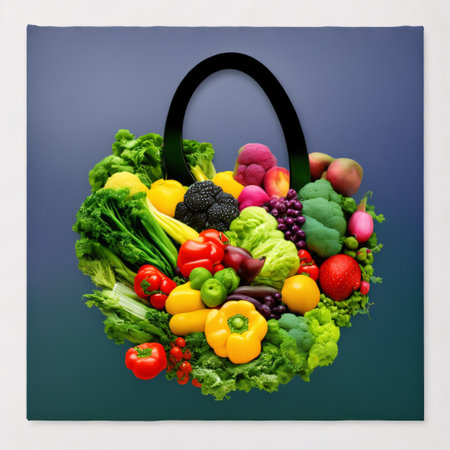 Tote bag full of vegetables and fruits on white background. Grocery with healthy food Generative AIの素材