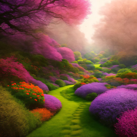 A beautiful secret fairytale garden with flower arches and colorful greenery. Digital painting backgroundの素材