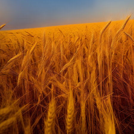 beautiful close up wheat ear against sunlight at evening or morning with yellow field as background, Generative Aiの素材
