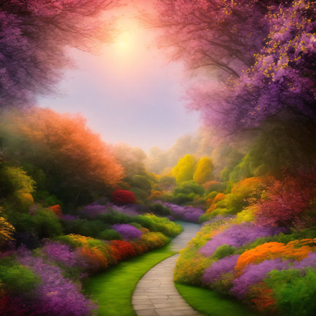 A beautiful secret fairytale garden with flower arches and colorful greenery. Digital painting backgroundの素材