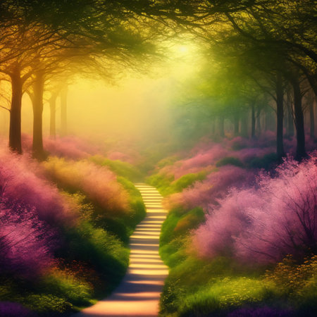 A beautiful secret fairytale garden with flower arches and colorful greenery. Digital painting backgroundの素材