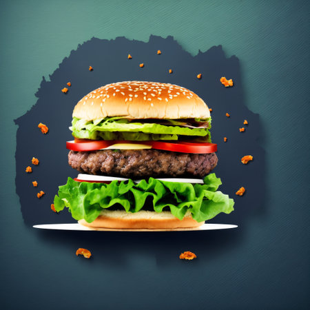 Appetizing meat burger with lettuce onion tomato on cutout PNG transparent background. Generative AIの素材