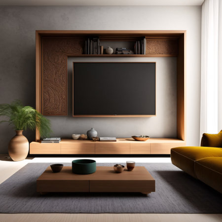 Big TV wall screen in modern living room, television set in luxury interior, generative AIの素材