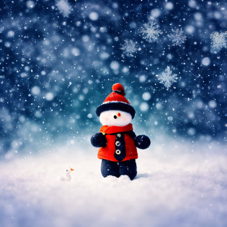 tiny cute snowcyborg standing on snowy field in winter christmas festive.の素材