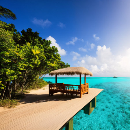 vacation on maldives, dog with sunglasses. Generative AIの素材