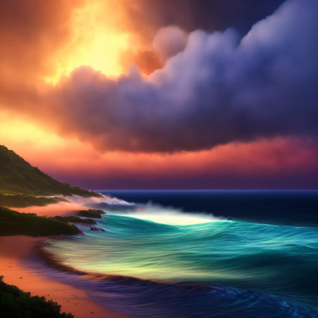 a painting of a sunset over the ocean with waves crashing on the shore and clouds in the sky over the ocean and the beach area.  generative aiの素材