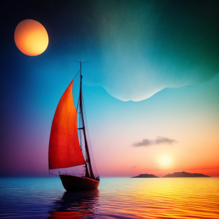 Ancient ship with raised sails at sunset AIの素材