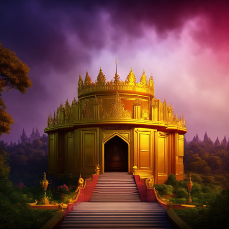 A realistic fantasy interior of the royal palace. golden palace. castle interior. Fiction Backdrop. concept art.	generative aiの素材