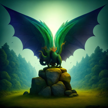 Forest dragon with wings sitting on stone in green woods. Postproducted generative AI digital .の素材