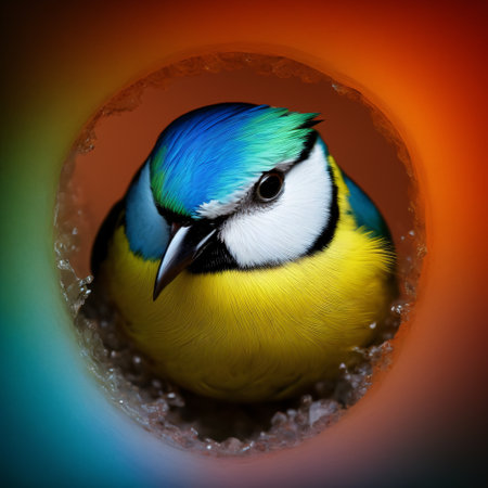 Close-up portrait of a blue tit bird sitting gracefully, showcasing every detail of its colorful blue feathers. Generative AI.の素材
