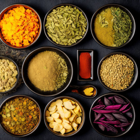 Generative AI  of wide variety spices and herbs on background of black table, with empty spaceの素材