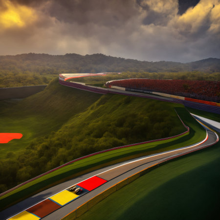 Asphalt of an international race track with a racing car at the start. Racer on a racing car passes the track.の素材