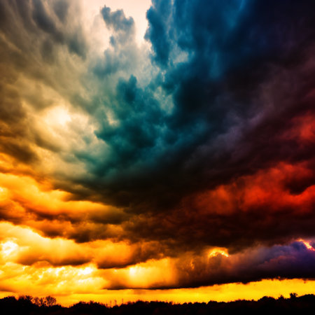 A dark storm background with sky, clouds and lightning Generative AIの素材