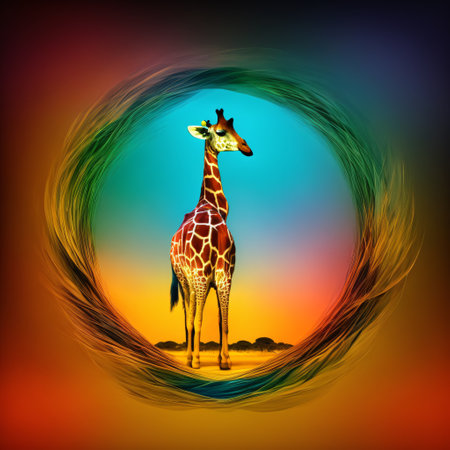 Cartoon colorful giraffe with sunglasses on isolated background. Created with generative aiの素材